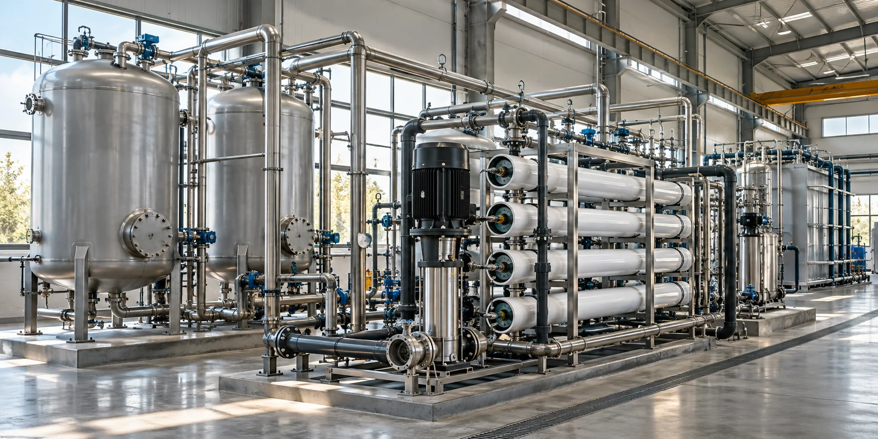 Concept view of an industrial water treatment plant with filtration vessels and pipework